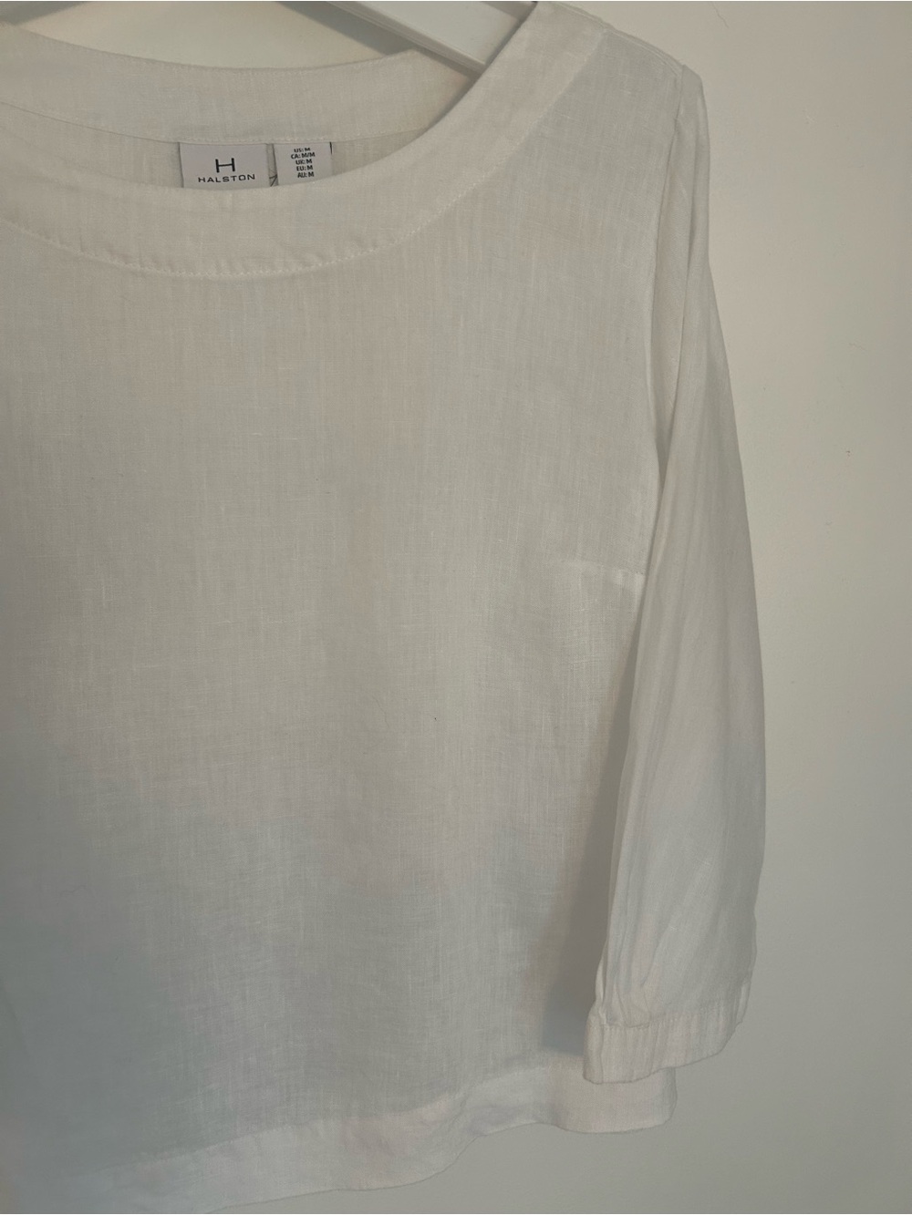 Halston White Linen Scoop Neck Top Size Med with 3/4 Sleeves - Picture 3 of 16